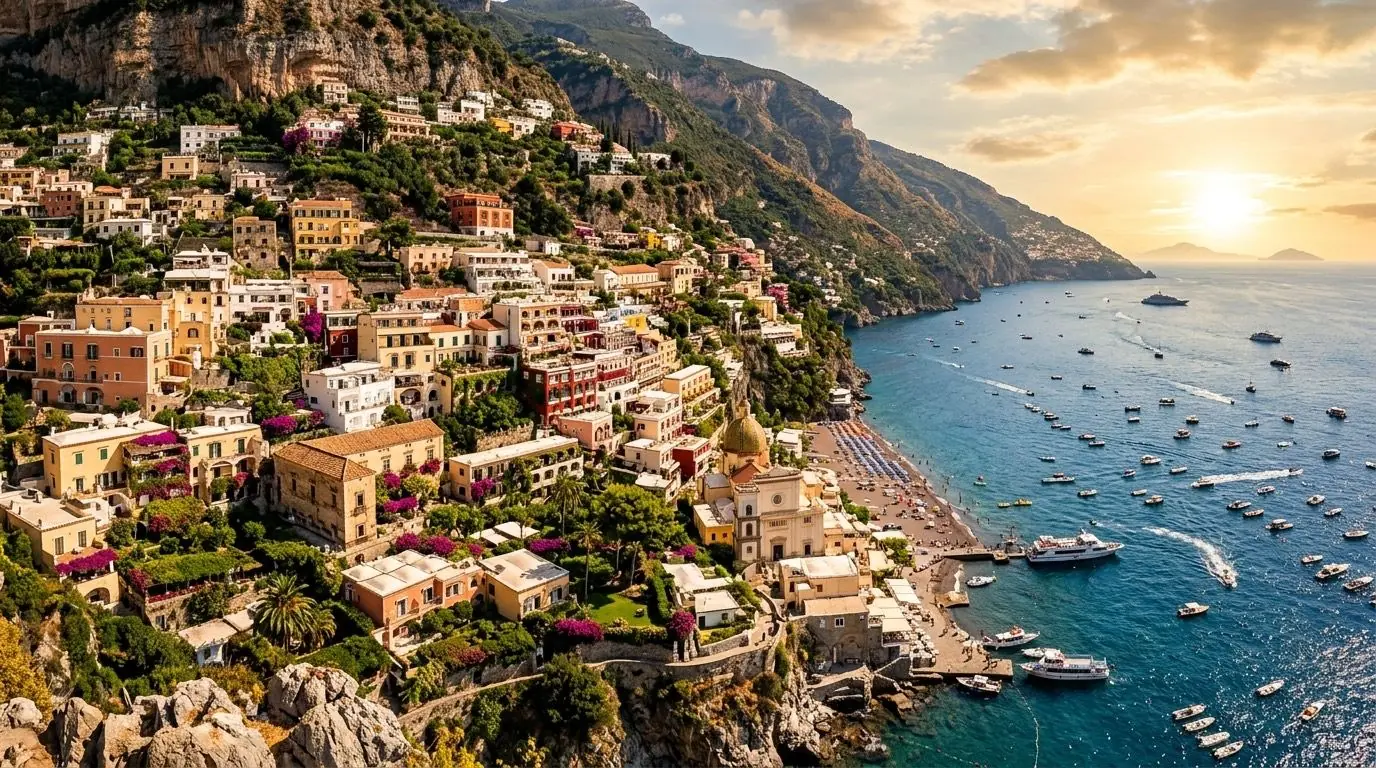 Coastal cliffside village and azure sea