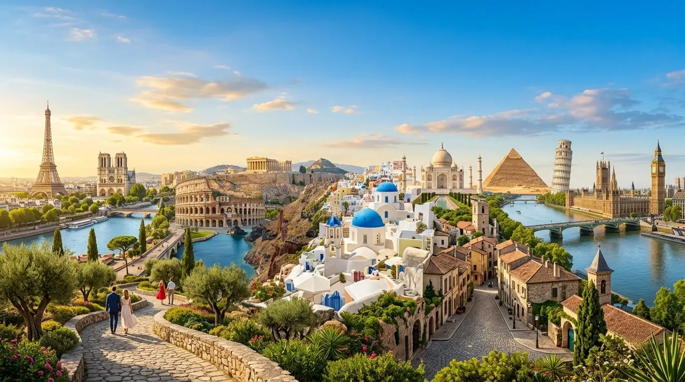 World famous attractions and monuments at golden hour